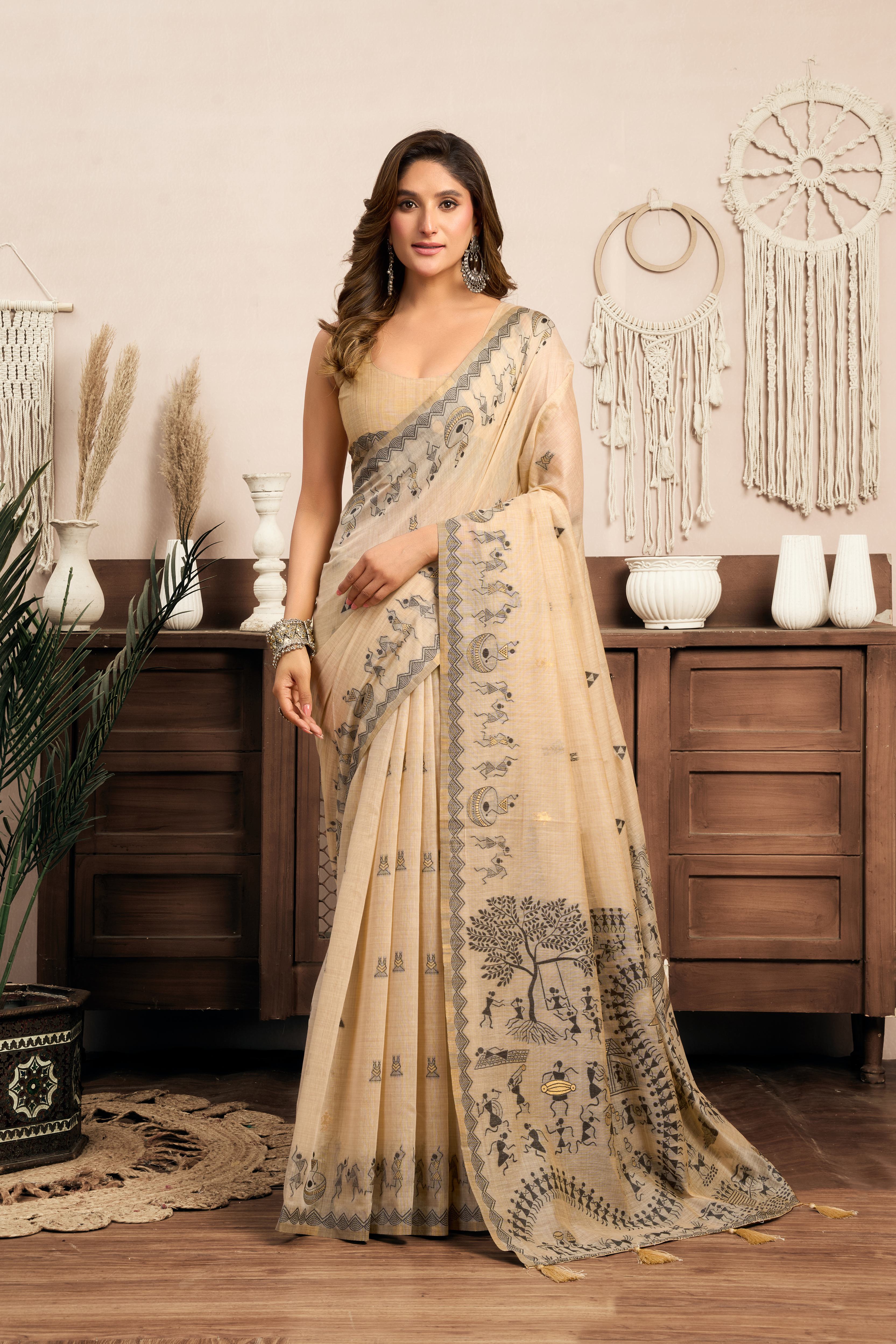 Jyoti Fashion Women's Cream Modal Art Silk Warli Work Saree with Blouse - Distacart