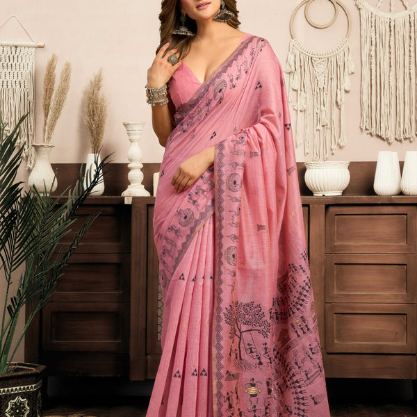 Jyoti Fashion Women's Pink Modal Art Silk Warli Work Saree with Blouse - Distacart