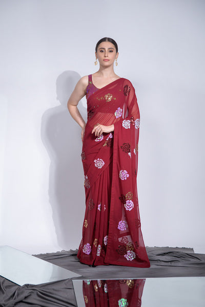 Jyoti Fashion Women's Maroon Sequence Georgette Saree with Blouse - Distacart