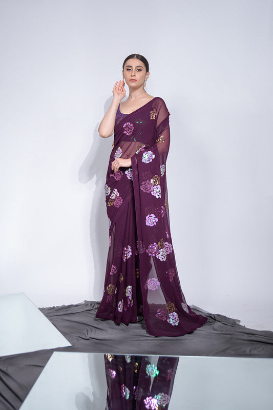 Jyoti Fashion Women's Wine Sequence Georgette Saree with Blouse - Distacart