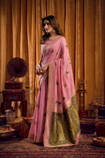 Thumbnail for Jyoti Fashion Women's Pink Khadi Cotton Mina Work Saree with Blouse - Distacart