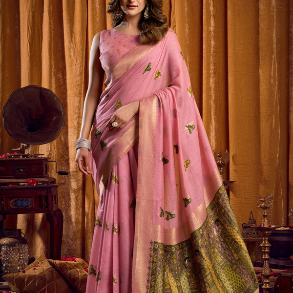 Jyoti Fashion Women's Pink Khadi Cotton Mina Work Saree with Blouse - Distacart