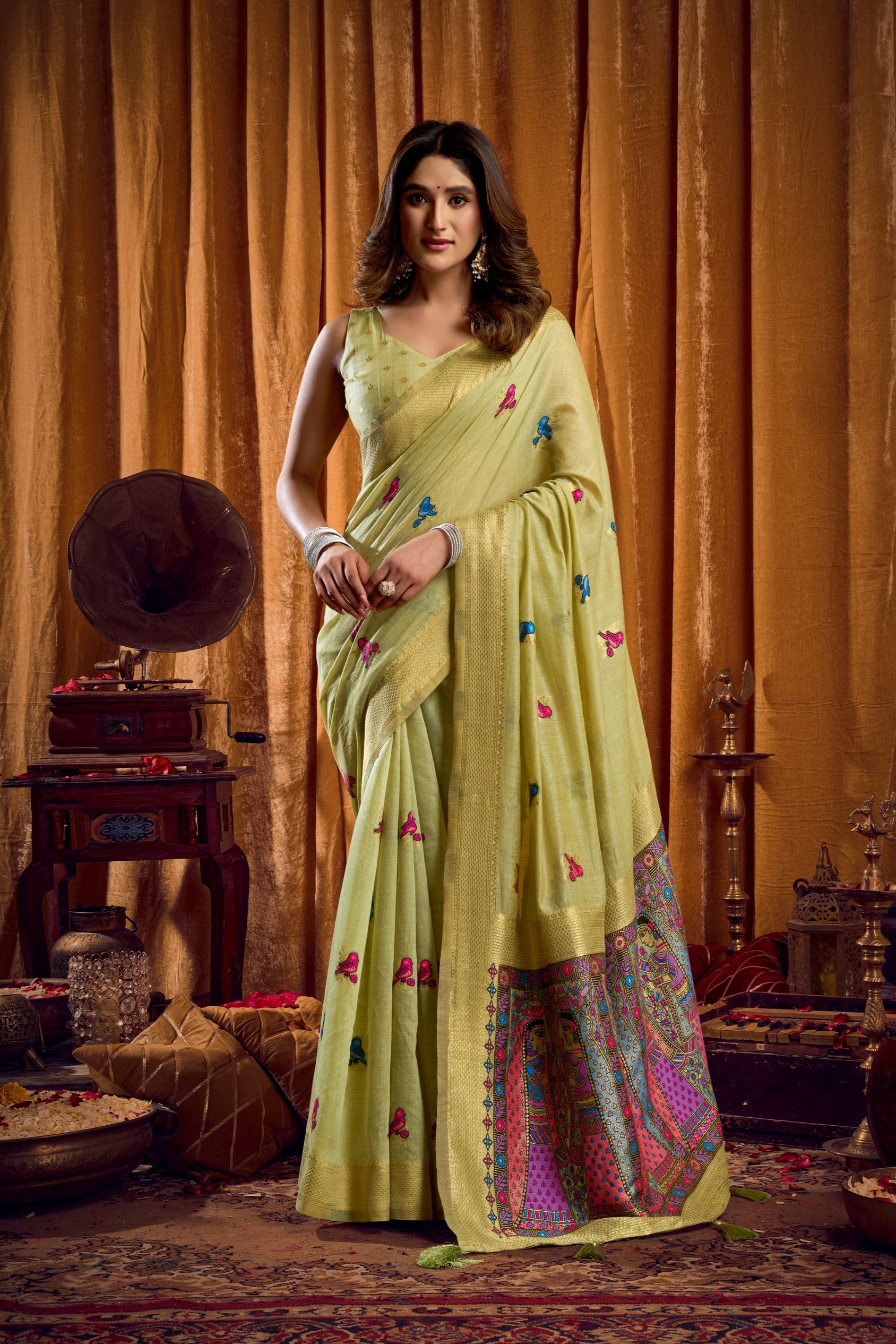 Jyoti Fashion Women's Green Khadi Cotton Mina Work Saree with Blouse - Distacart