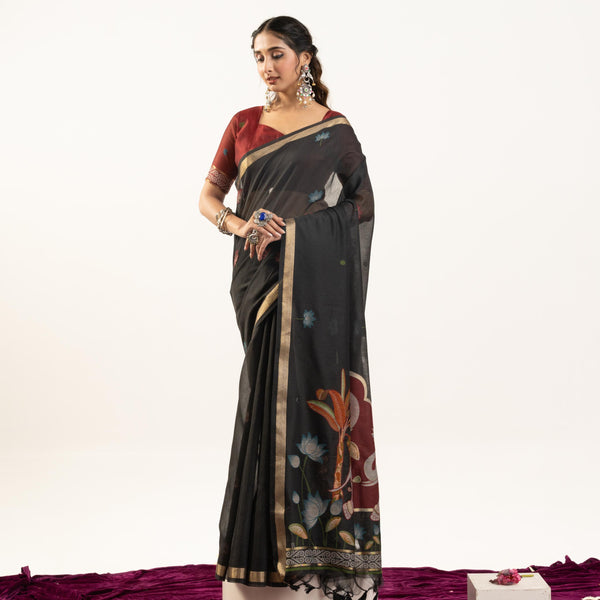 Jyoti Fashion Women's Black Soft Muga Cotton Zari Woven Saree with Blouse - Dista