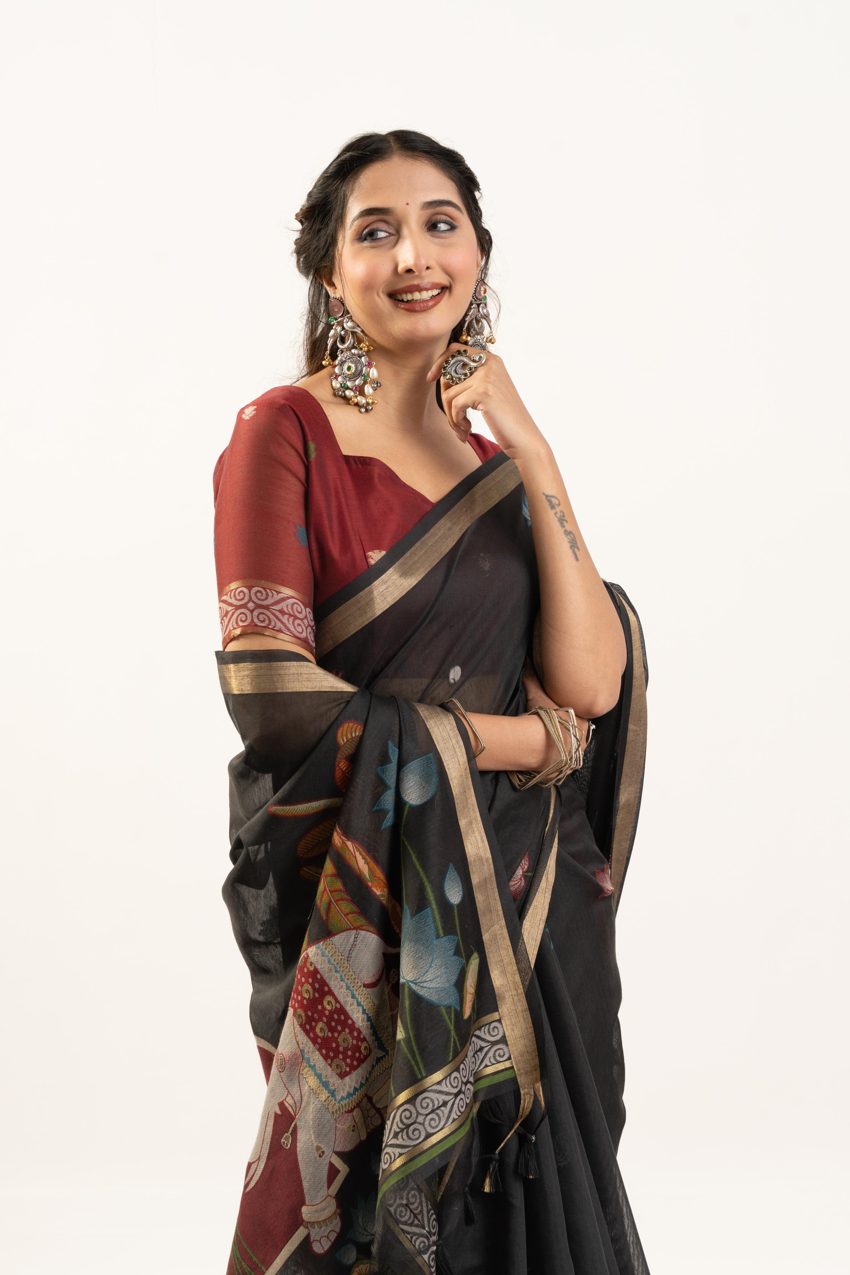 Jyoti Fashion Women's Black Soft Muga Cotton Zari Woven Saree with Blouse - Dista