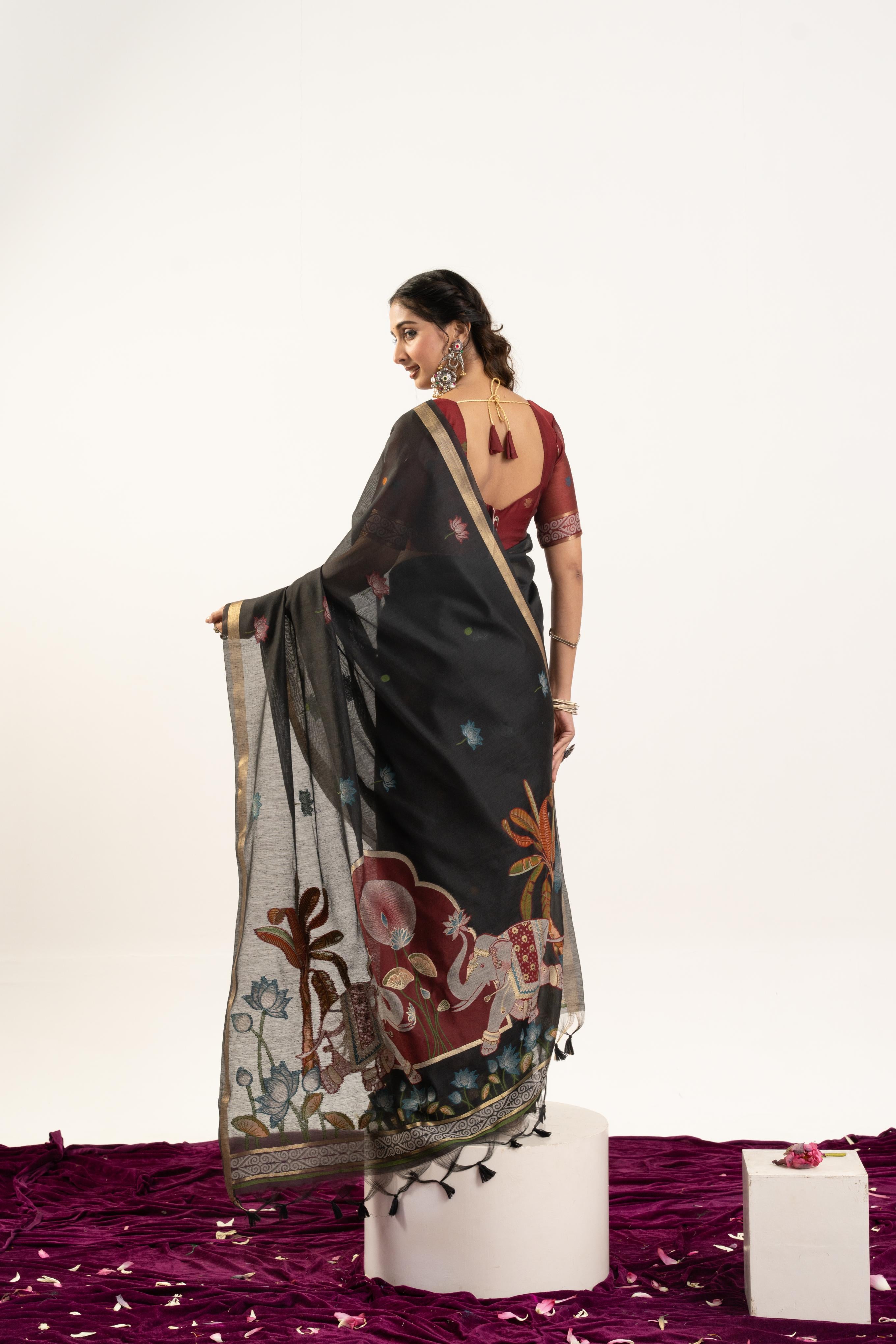 Jyoti Fashion Women's Black Soft Muga Cotton Zari Woven Saree with Blouse - Dista
