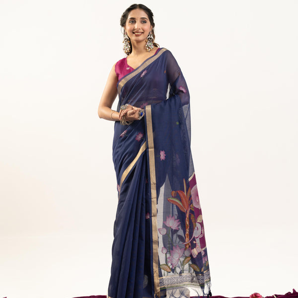 Jyoti Fashion Women's Navy Blue Soft Muga Cotton Zari Woven Saree with Blouse - Dista