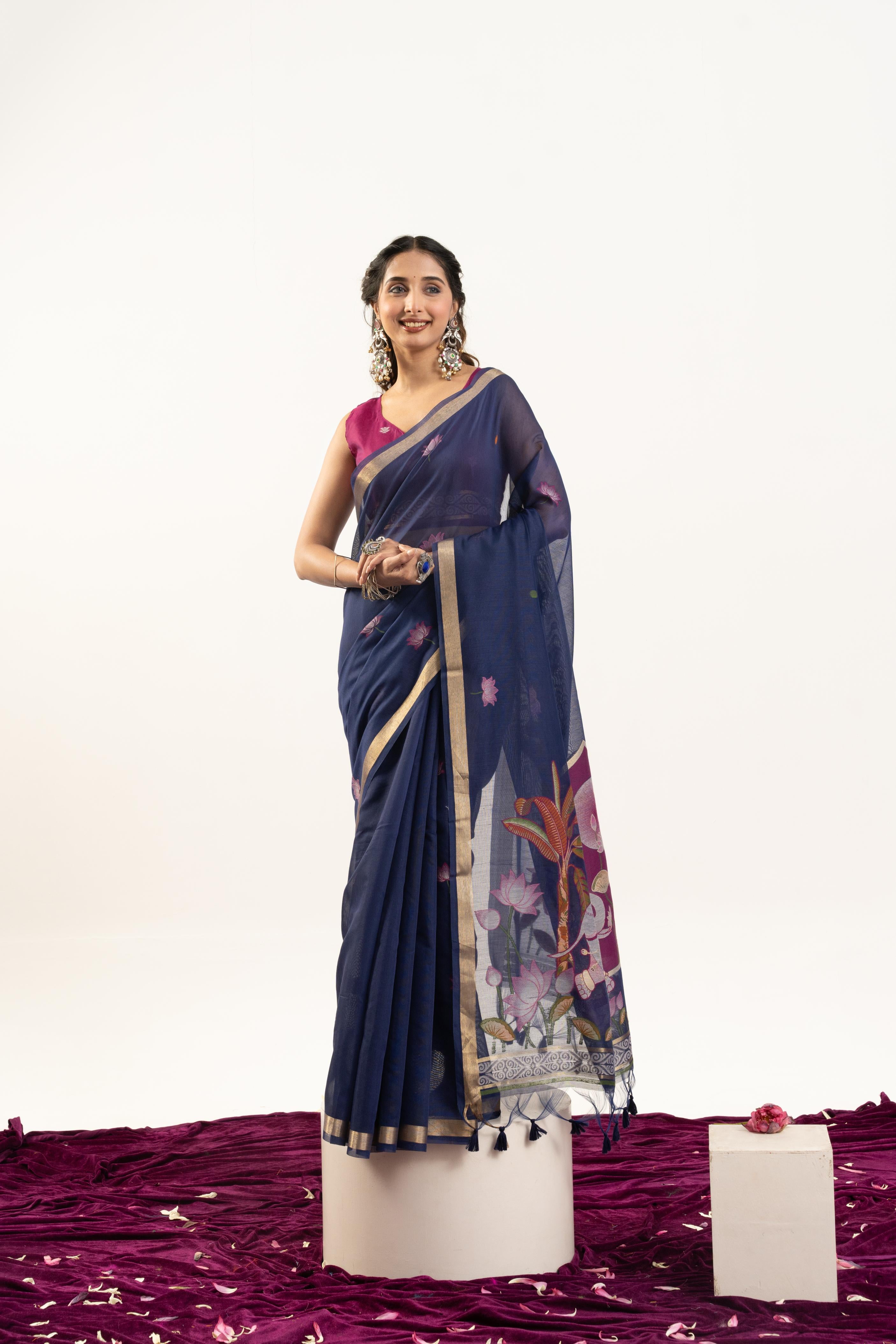 Jyoti Fashion Women's Navy Blue Soft Muga Cotton Zari Woven Saree with Blouse - Dista