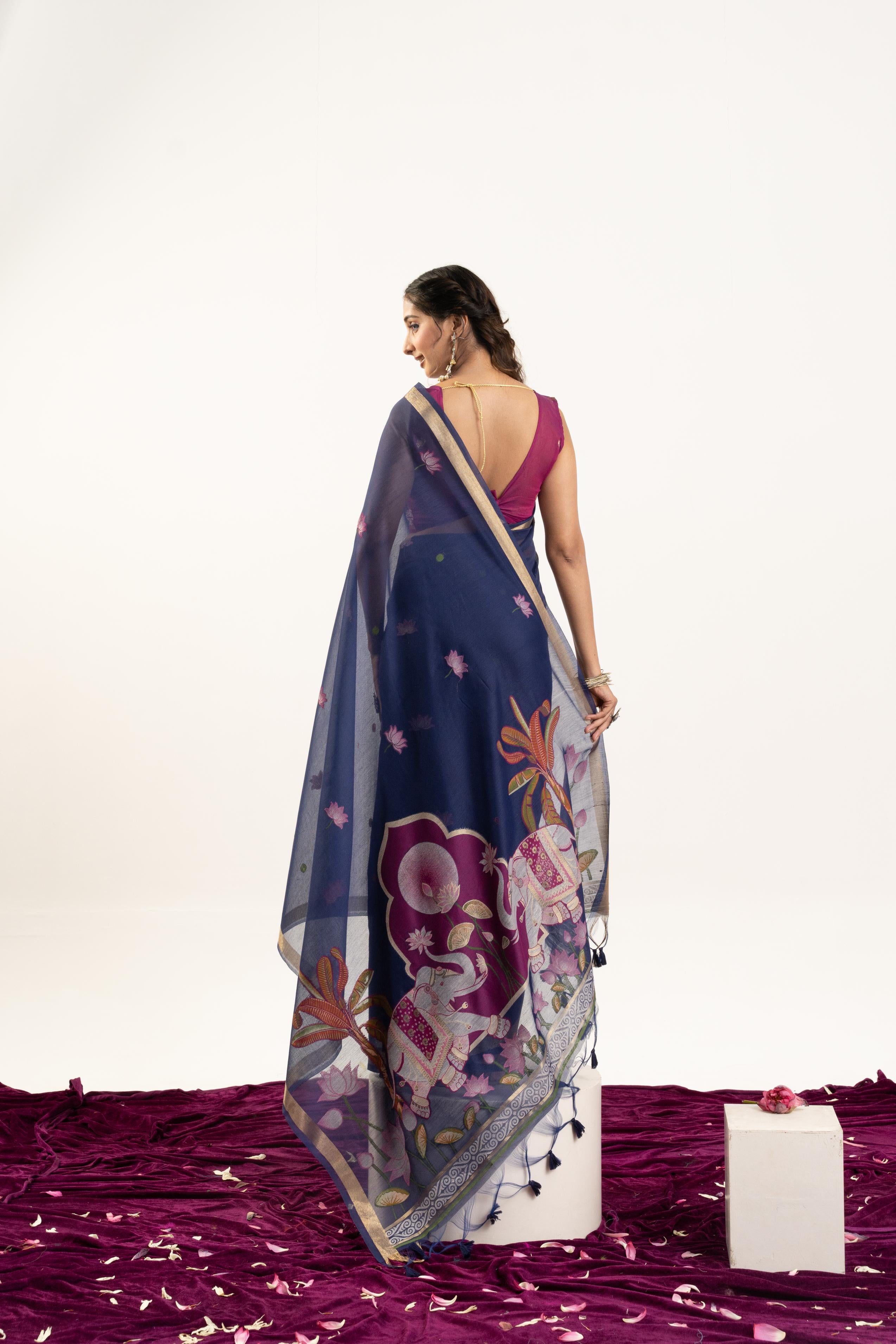 Jyoti Fashion Women's Navy Blue Soft Muga Cotton Zari Woven Saree with Blouse - Dista