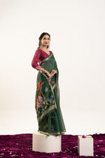 Thumbnail for Jyoti Fashion Women's Bottle Green Soft Muga Cotton Zari Woven Saree with Blouse - Dista
