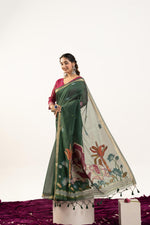 Thumbnail for Jyoti Fashion Women's Bottle Green Soft Muga Cotton Zari Woven Saree with Blouse - Dista