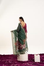 Thumbnail for Jyoti Fashion Women's Bottle Green Soft Muga Cotton Zari Woven Saree with Blouse - Dista