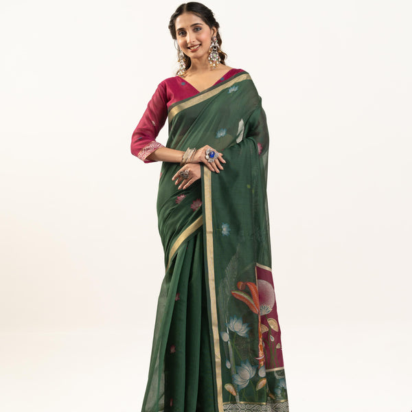 Jyoti Fashion Women's Bottle Green Soft Muga Cotton Zari Woven Saree with Blouse - Dista