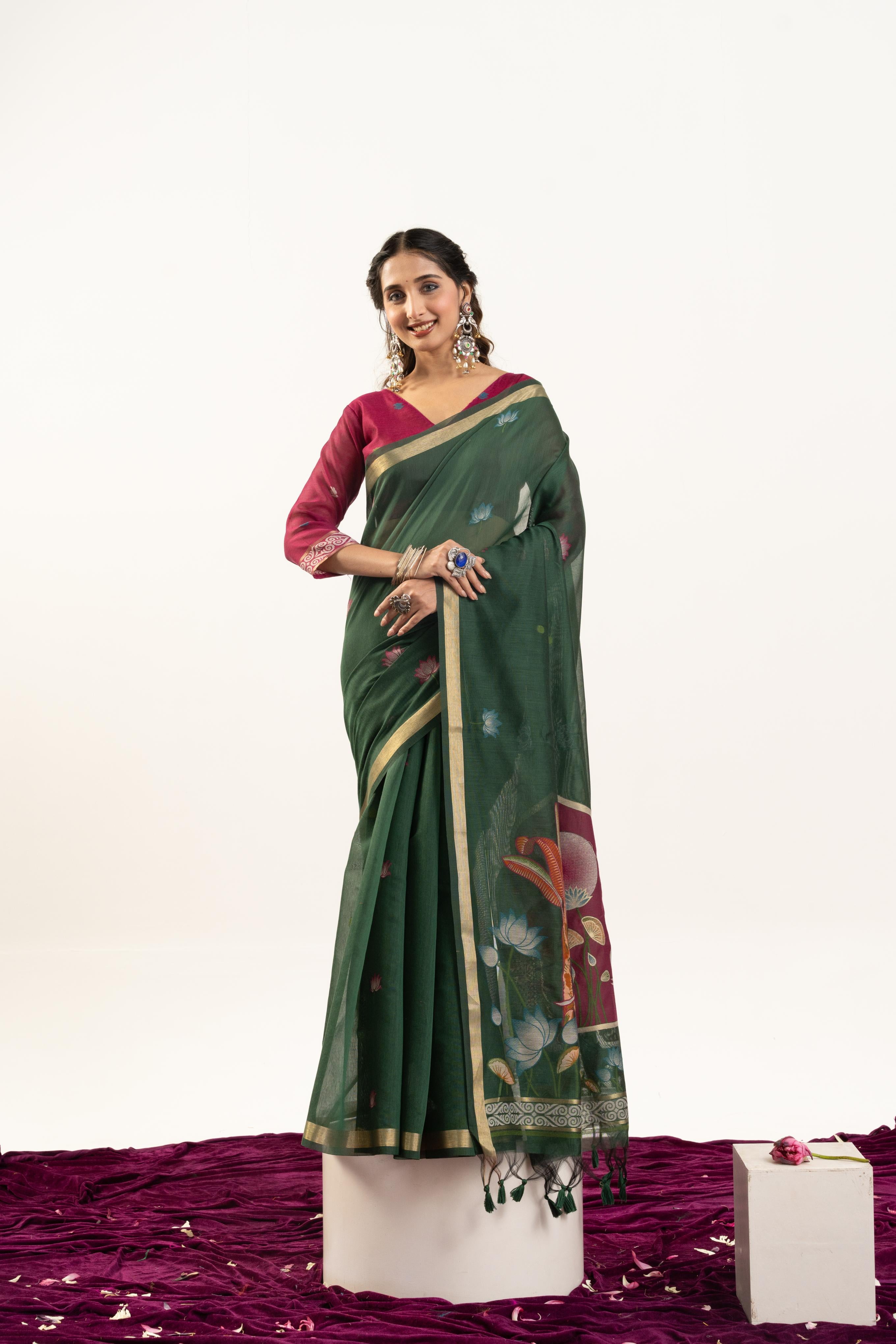 Jyoti Fashion Women's Bottle Green Soft Muga Cotton Zari Woven Saree with Blouse - Dista