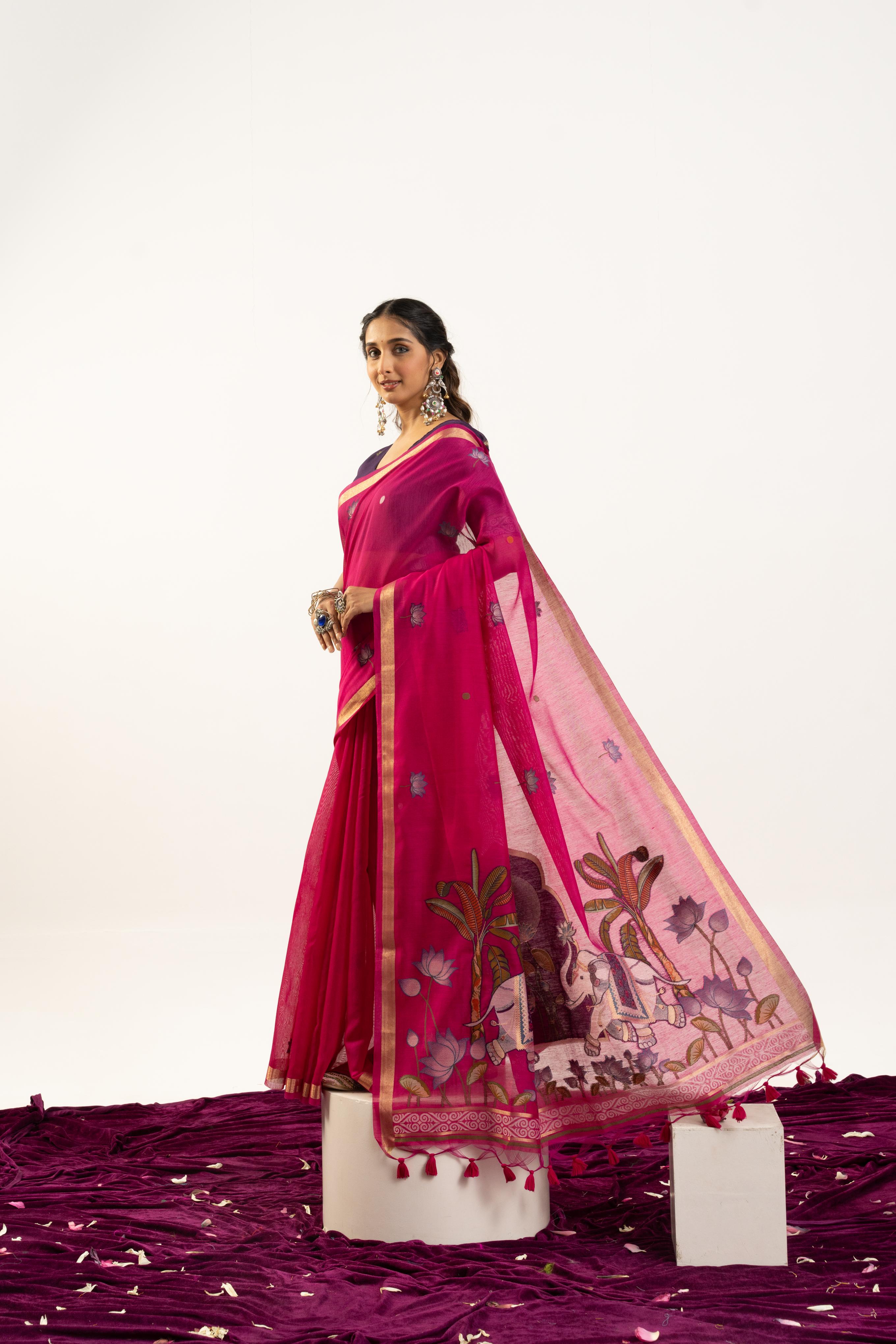 Jyoti Fashion Women's Pink Soft Muga Cotton Zari Woven Saree with Blouse - Dista
