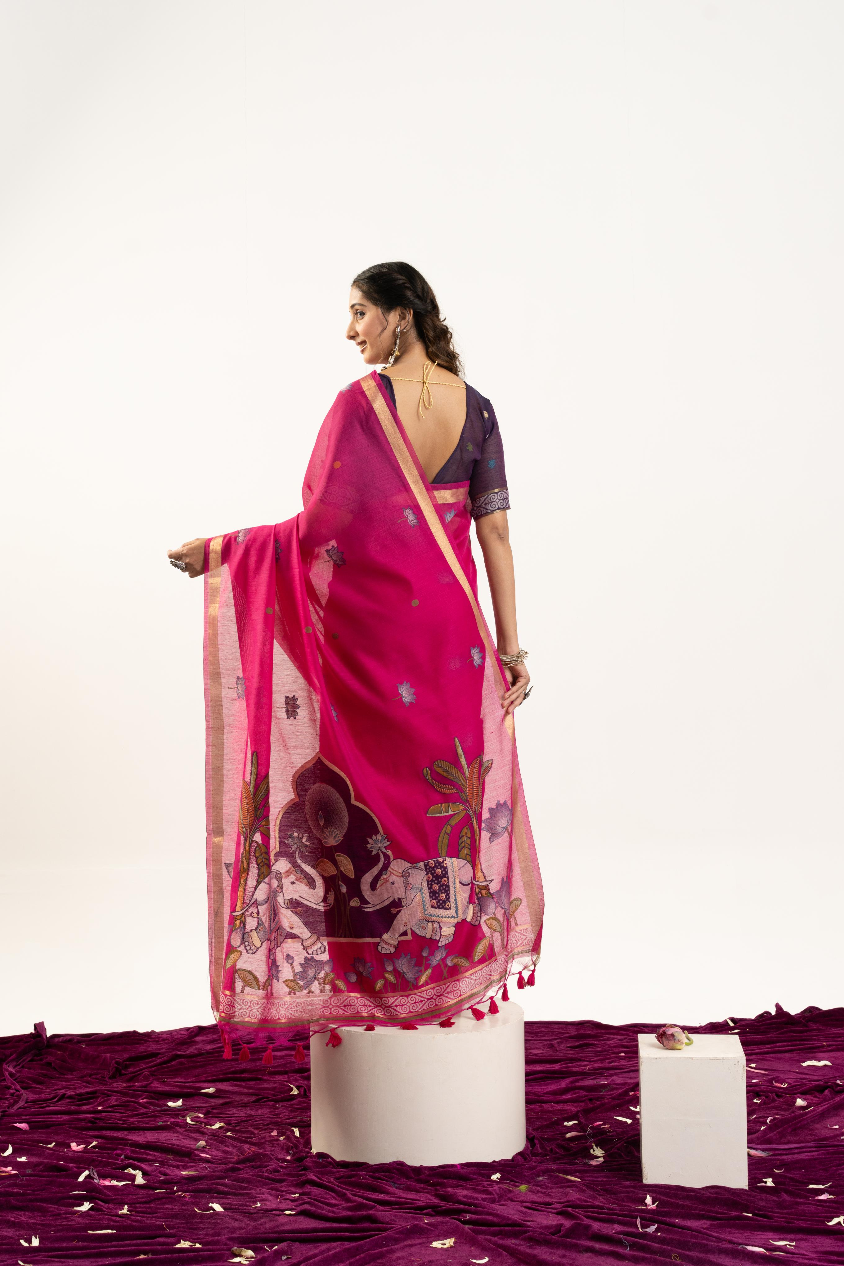 Jyoti Fashion Women's Pink Soft Muga Cotton Zari Woven Saree with Blouse - Dista
