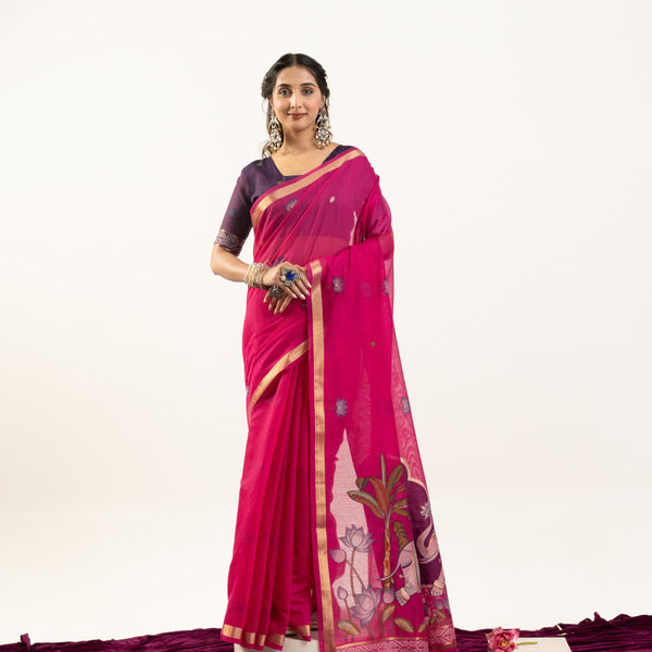 Jyoti Fashion Women's Pink Soft Muga Cotton Zari Woven Saree with Blouse - Dista
