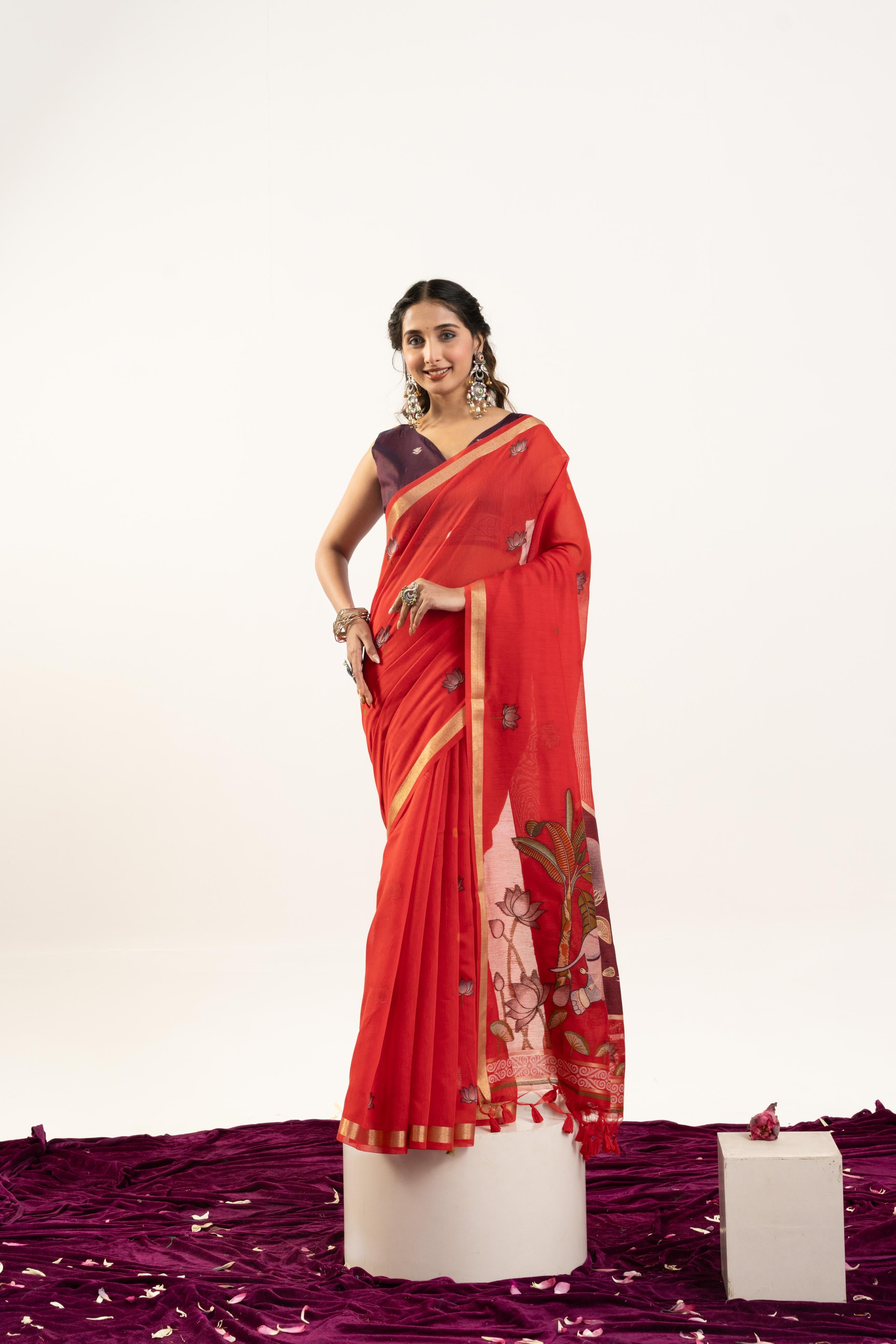 Jyoti Fashion Women's Red Soft Muga Cotton Zari Woven Saree with Blouse - Dista