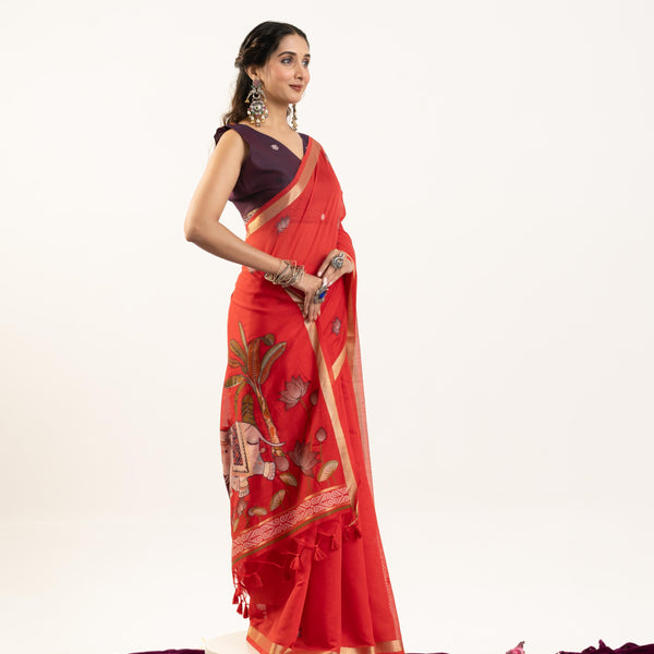 Jyoti Fashion Women's Red Soft Muga Cotton Zari Woven Saree with Blouse - Dista