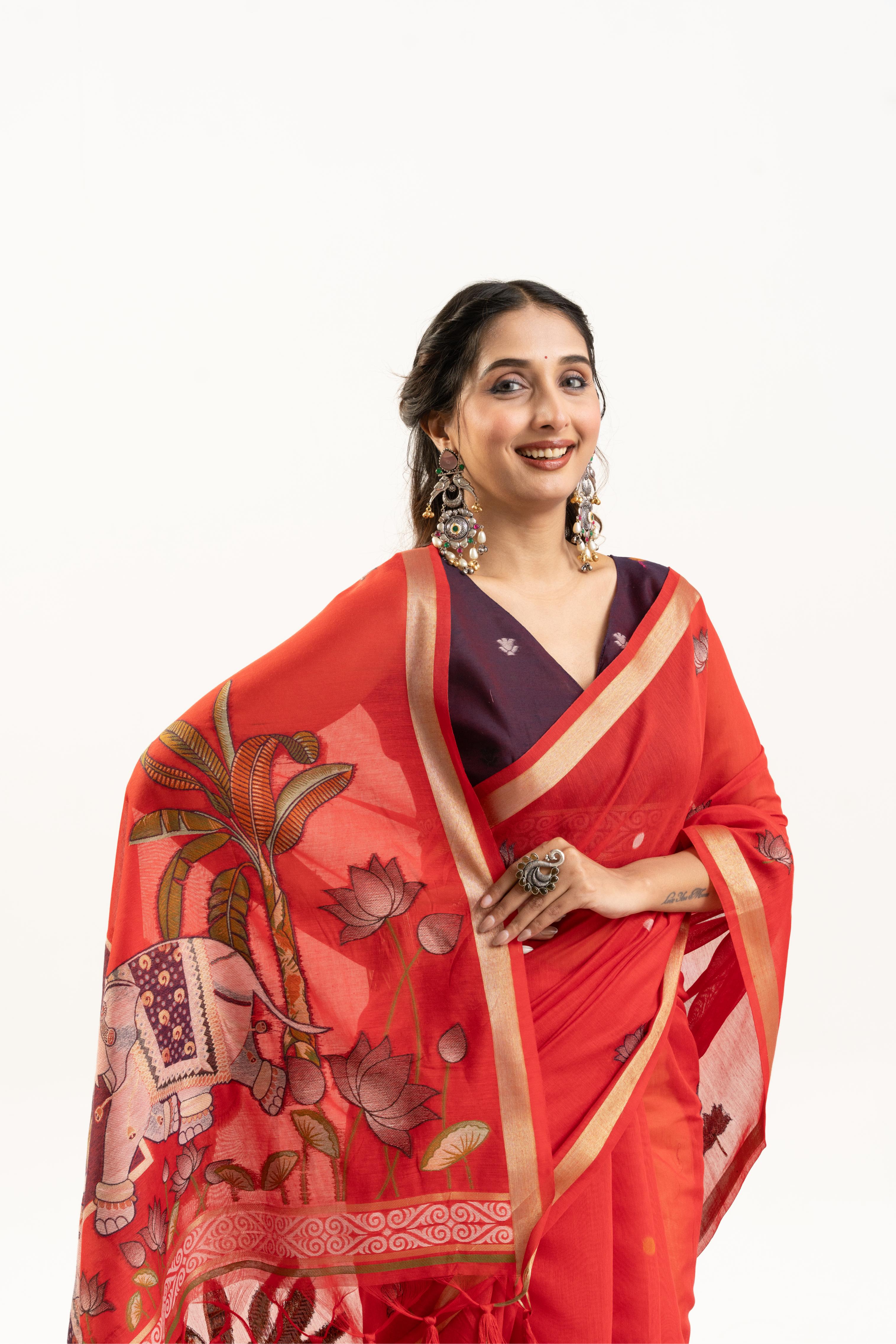 Jyoti Fashion Women's Red Soft Muga Cotton Zari Woven Saree with Blouse - Dista