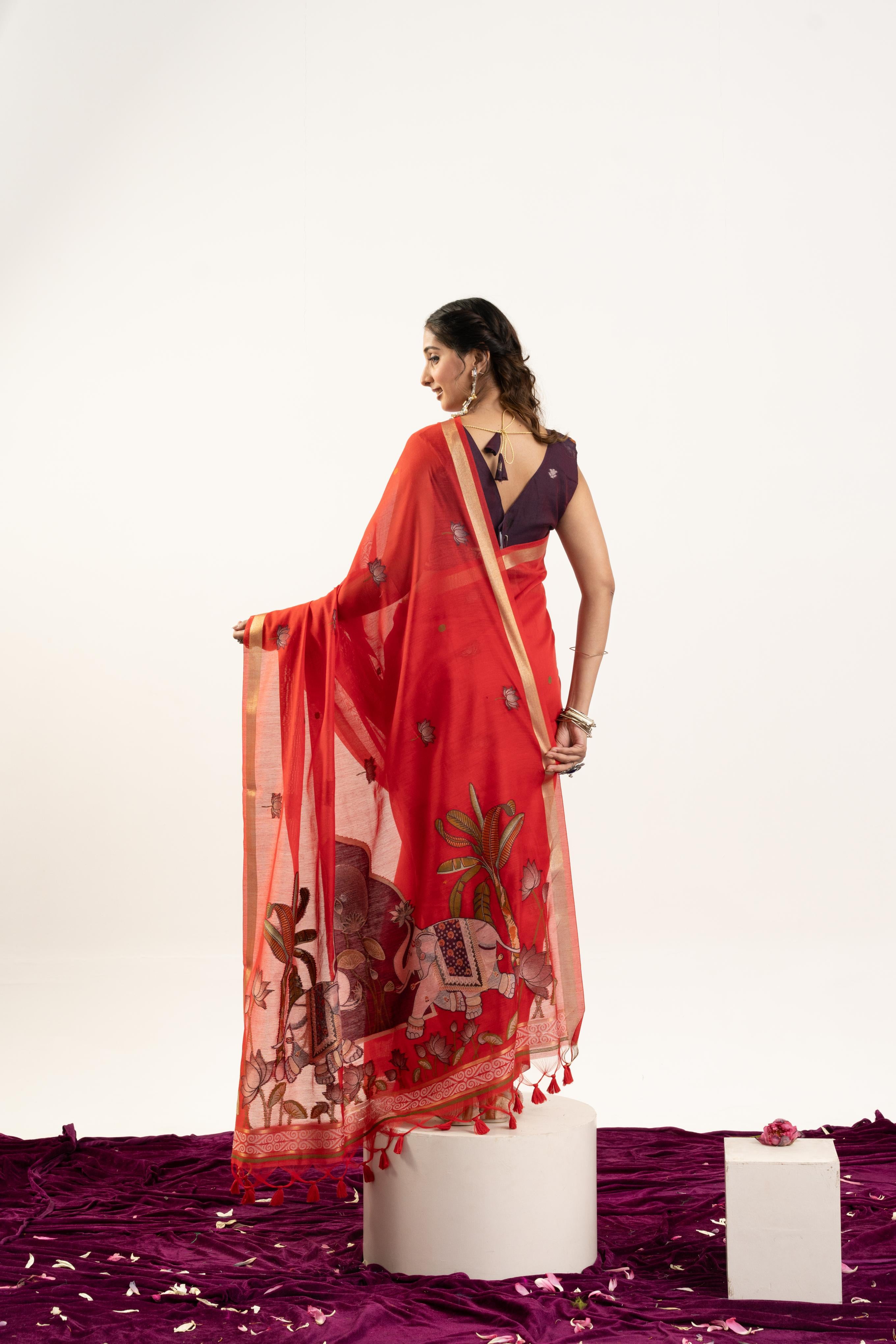 Jyoti Fashion Women's Red Soft Muga Cotton Zari Woven Saree with Blouse - Dista