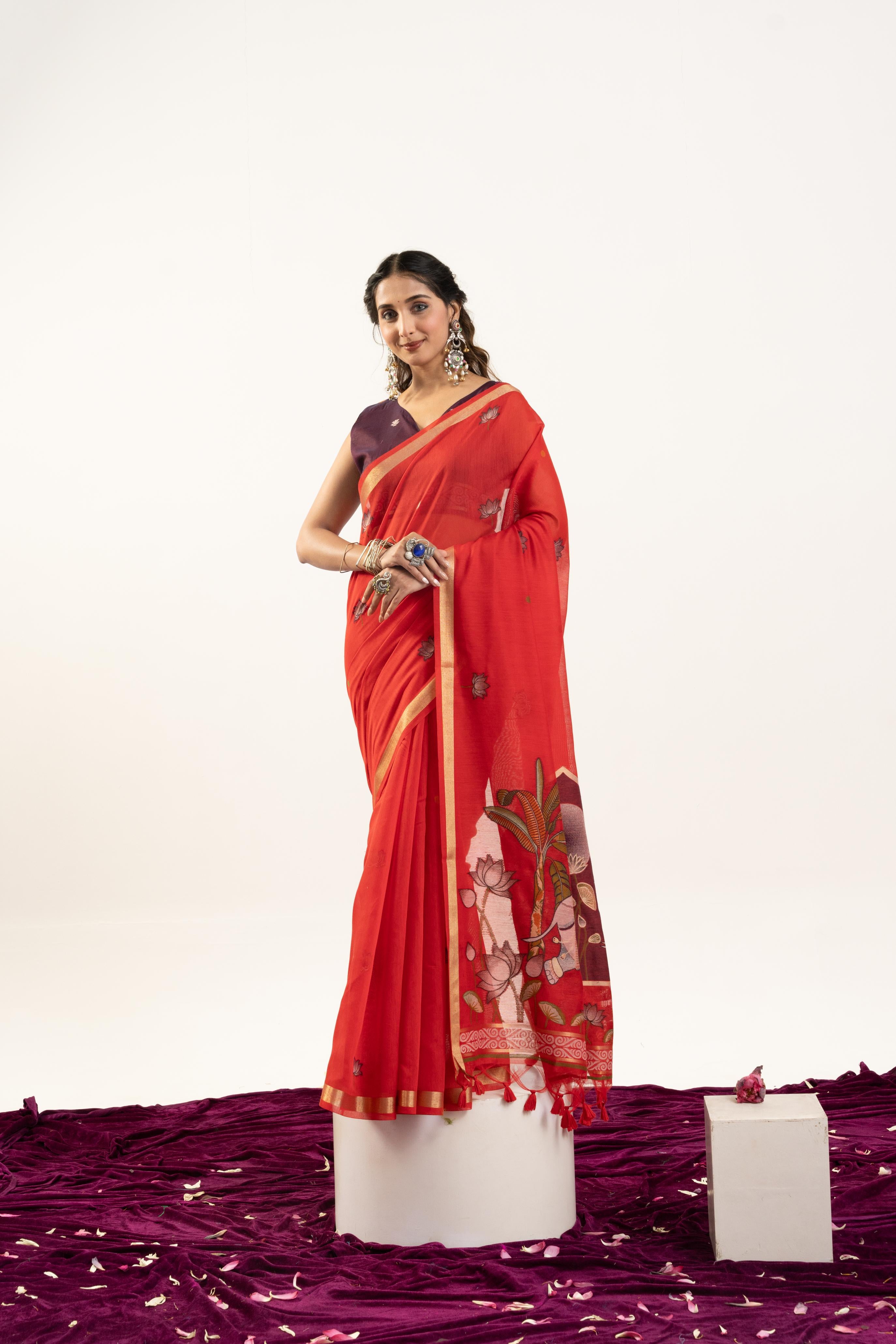 Jyoti Fashion Women's Red Soft Muga Cotton Zari Woven Saree with Blouse - Dista