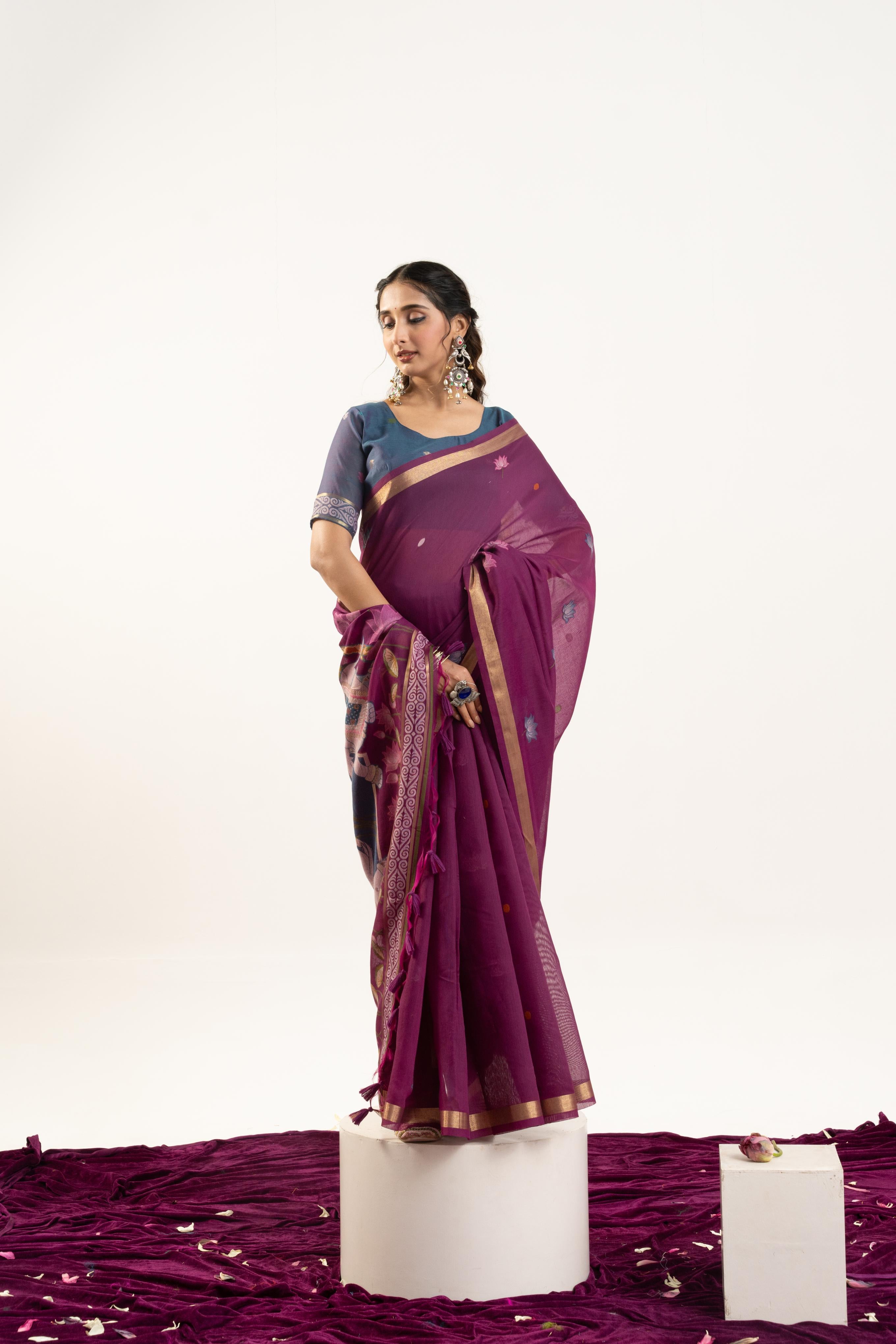 Jyoti Fashion Women's Wine Soft Muga Cotton Zari Woven Saree with Blouse - Dista