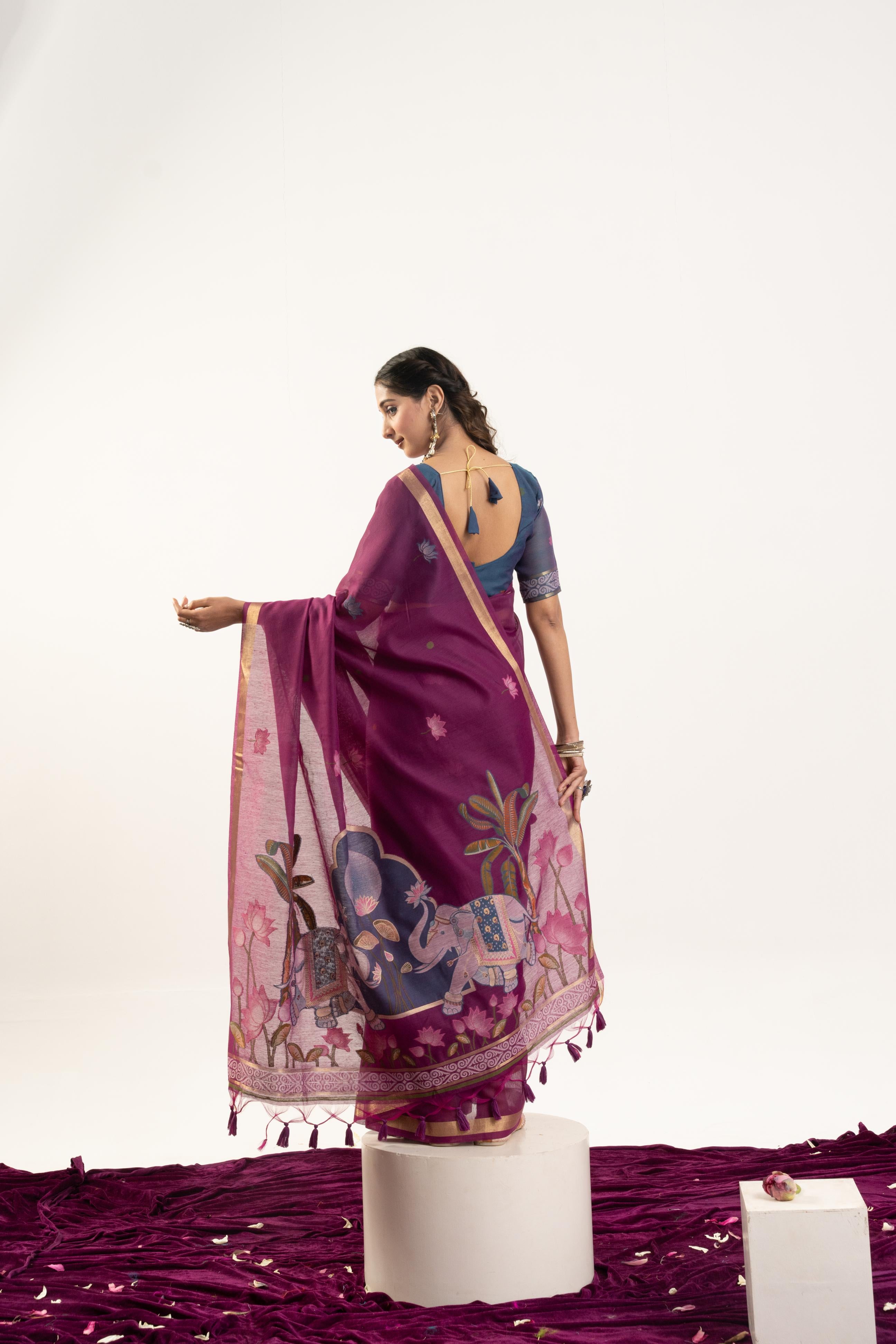 Jyoti Fashion Women's Wine Soft Muga Cotton Zari Woven Saree with Blouse - Dista