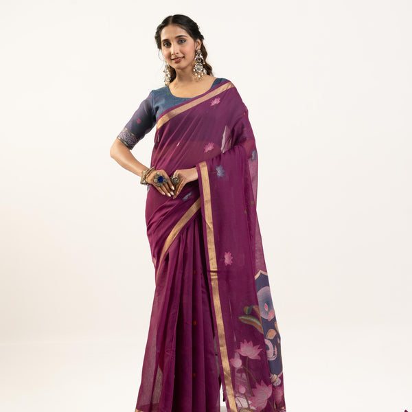Jyoti Fashion Women's Wine Soft Muga Cotton Zari Woven Saree with Blouse - Dista