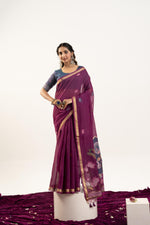 Thumbnail for Jyoti Fashion Women's Wine Soft Muga Cotton Zari Woven Saree with Blouse - Dista