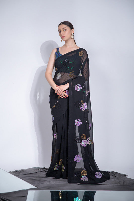 Jyoti Fashion Women's Black Sequence Georgette Saree with Blouse - Distacart