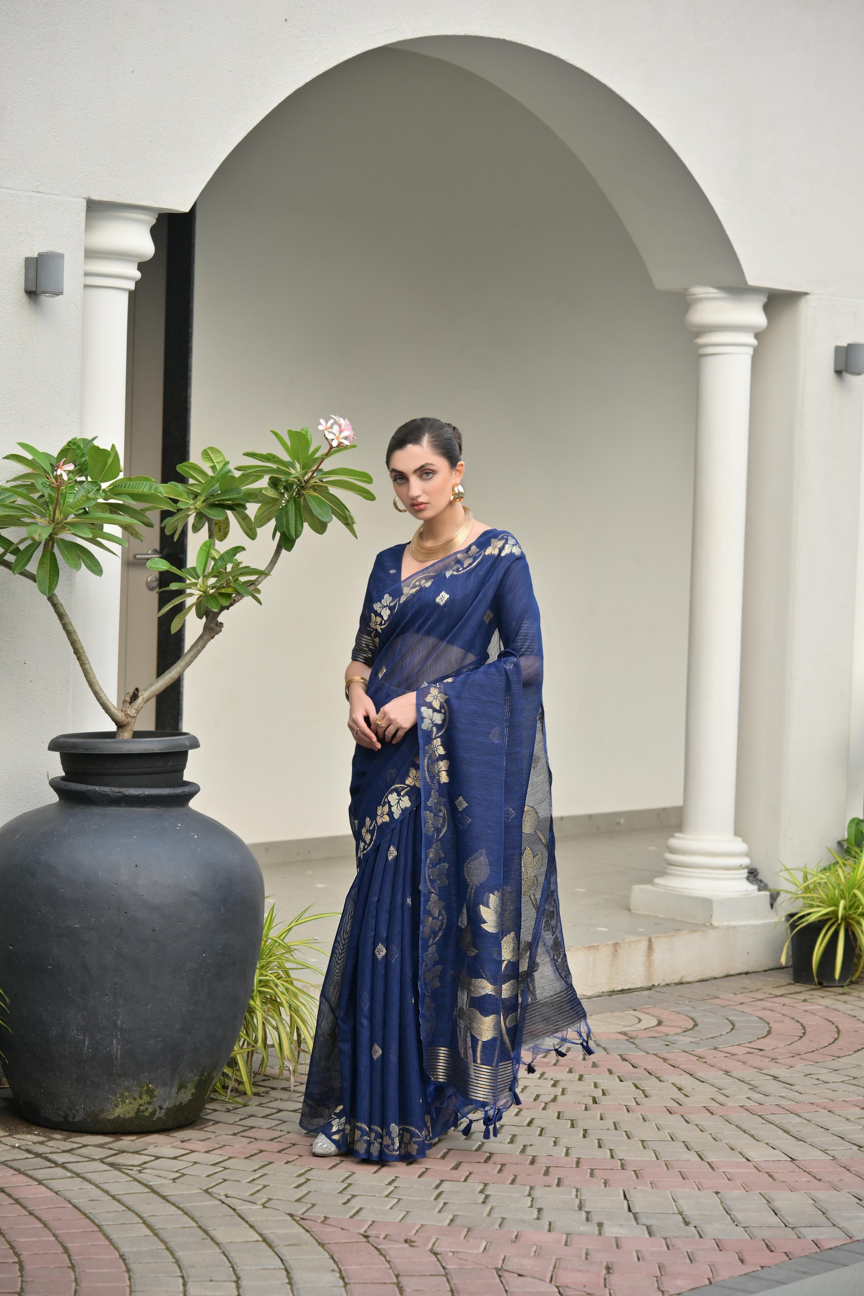 Jyoti Fashion Women's Navy Blue Soft Jute Linen Silk Zari Woven Saree with Blouse - Dista