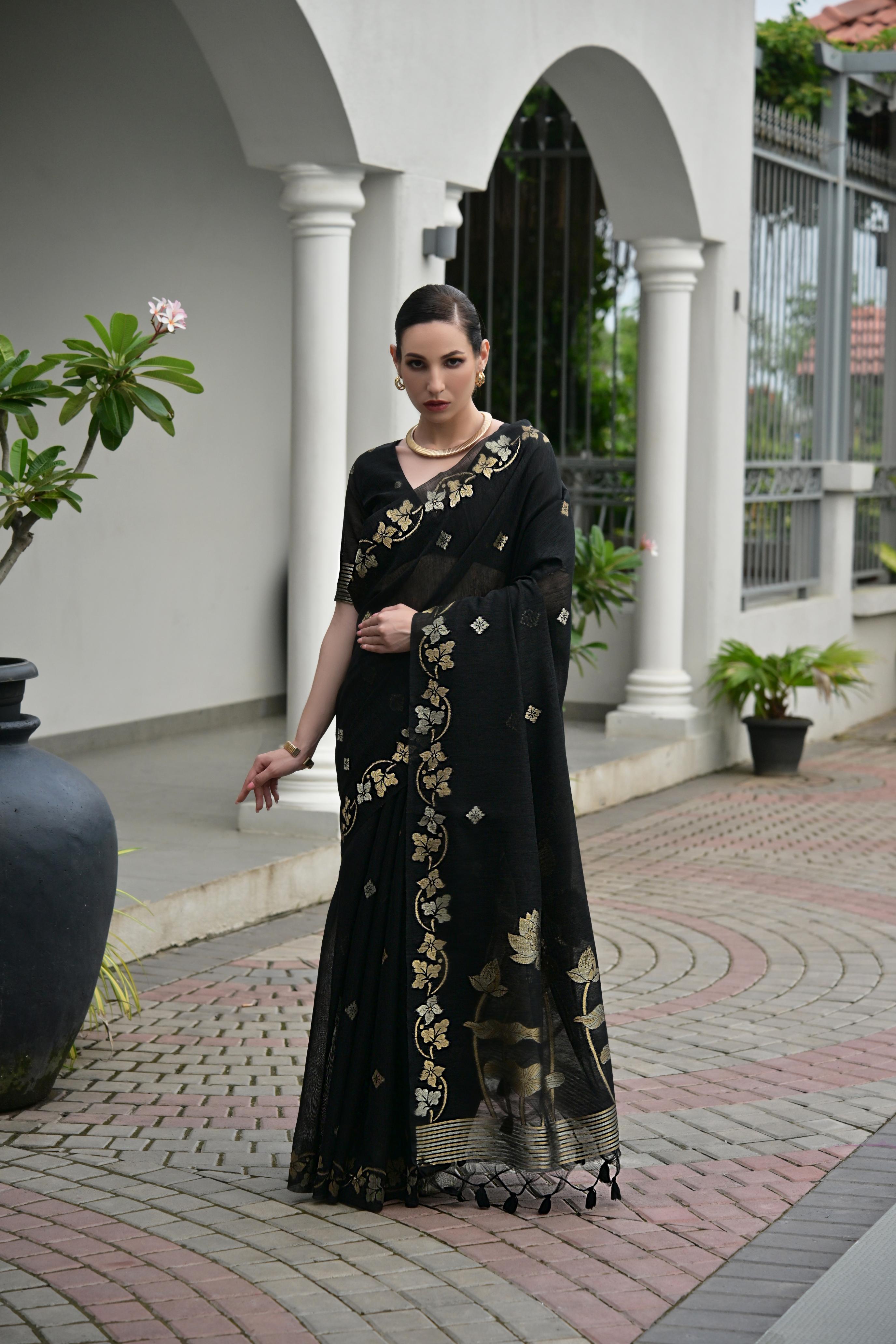 Jyoti Fashion Women's Black Soft Jute Linen Silk Zari Woven Saree with Blouse - Dista