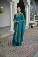 Thumbnail for Jyoti Fashion Women's Firozi Soft Jute Linen Silk Zari Woven Saree with Blouse - Dista