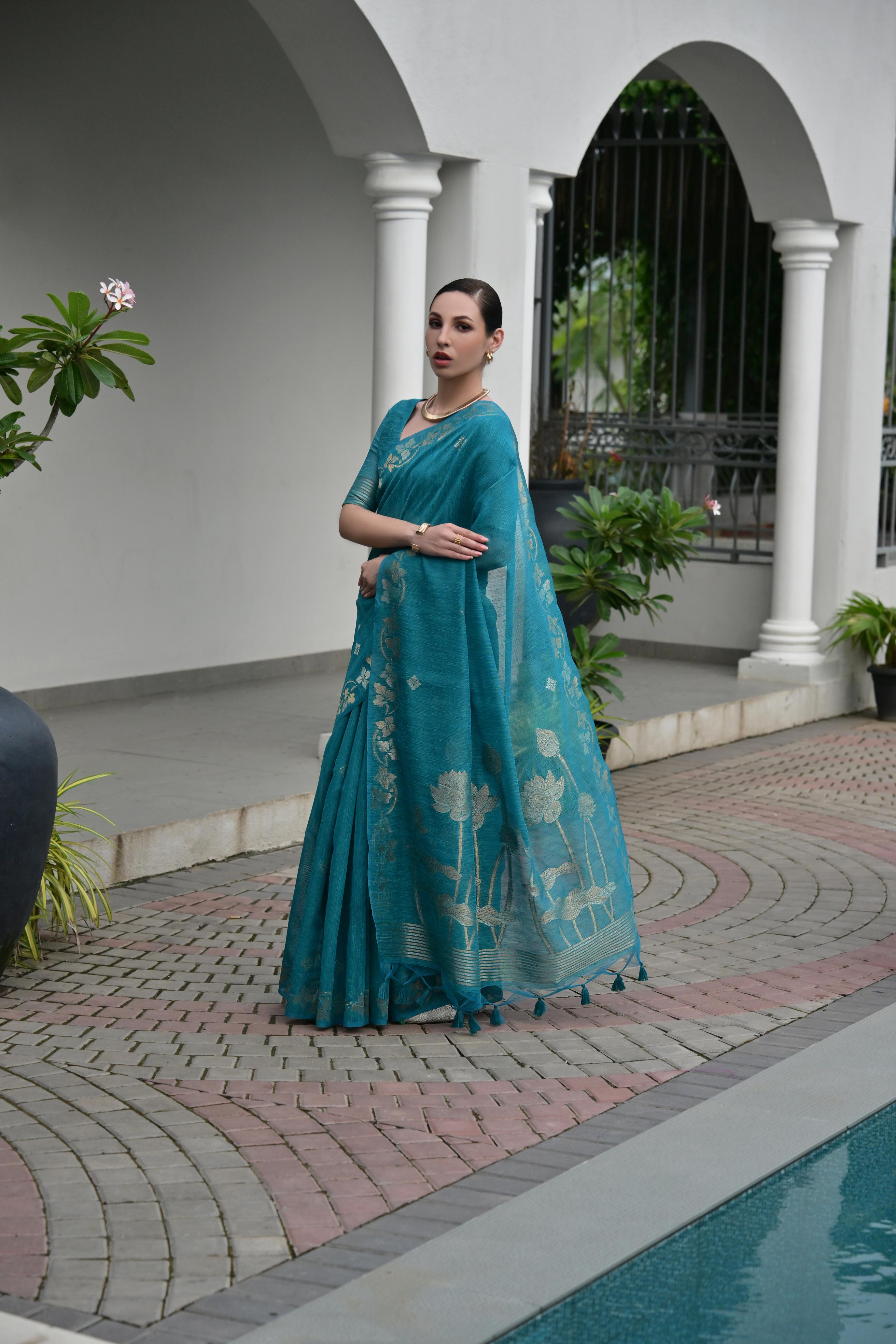 Jyoti Fashion Women's Firozi Soft Jute Linen Silk Zari Woven Saree with Blouse - Dista