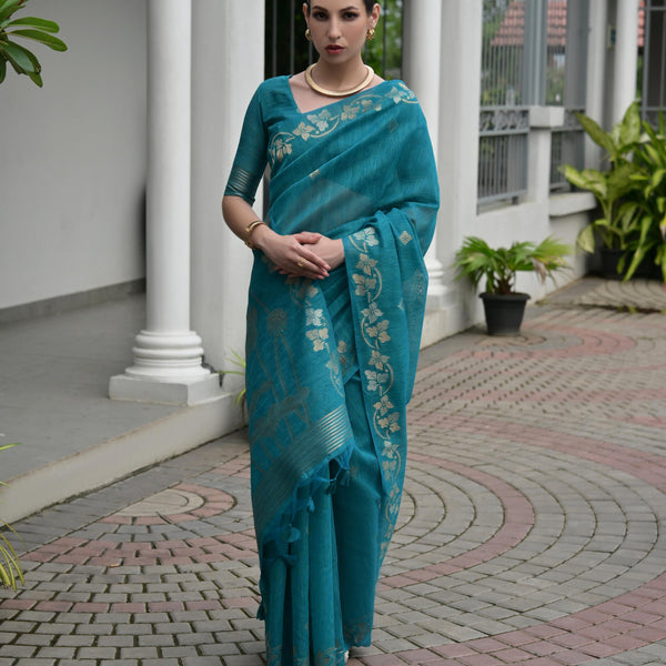 Jyoti Fashion Women's Firozi Soft Jute Linen Silk Zari Woven Saree with Blouse - Dista