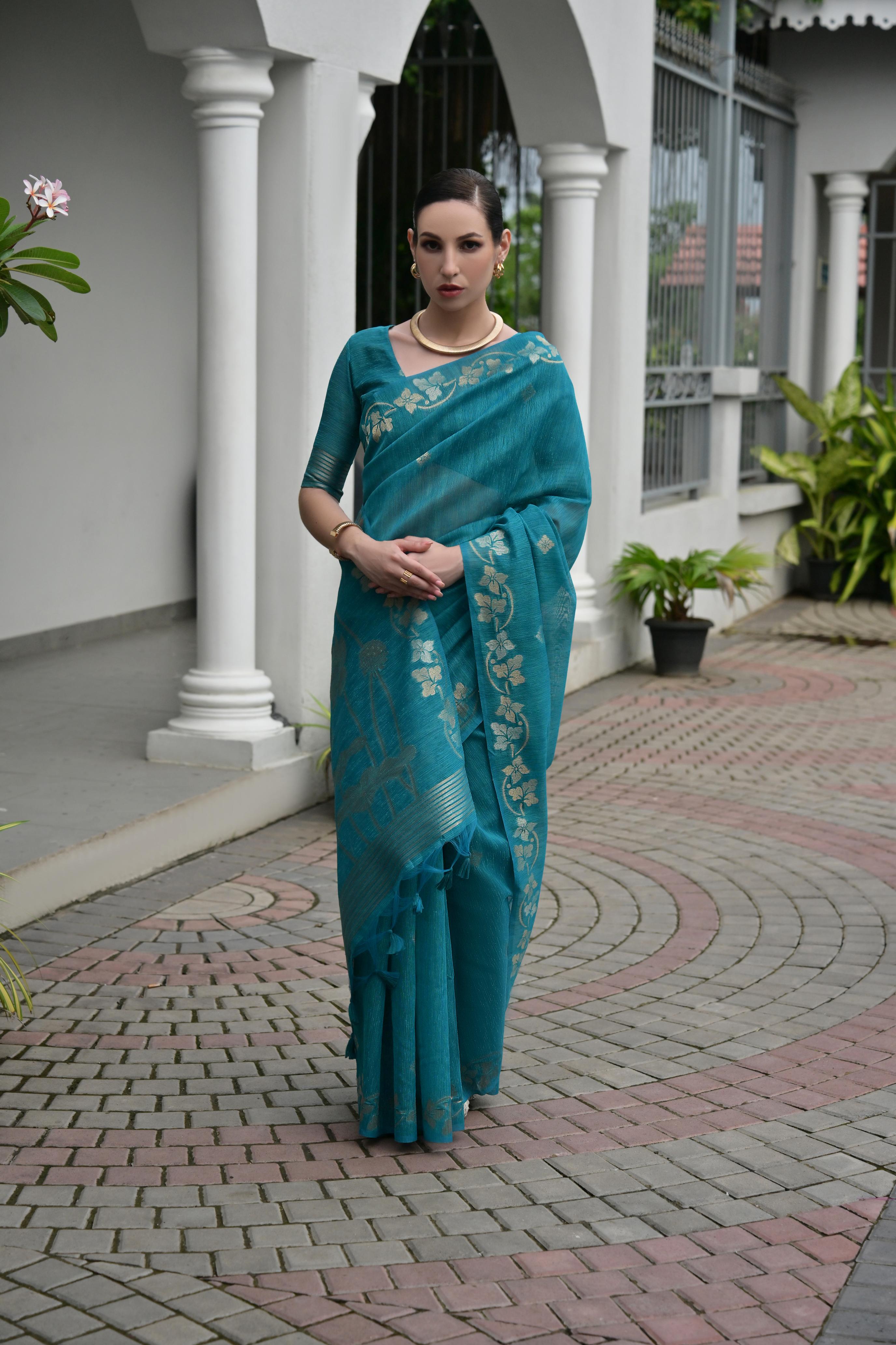 Jyoti Fashion Women's Firozi Soft Jute Linen Silk Zari Woven Saree with Blouse - Dista