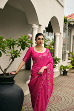 Thumbnail for Jyoti Fashion Women's Pink Soft Jute Linen Silk Zari Woven Saree with Blouse - Dista