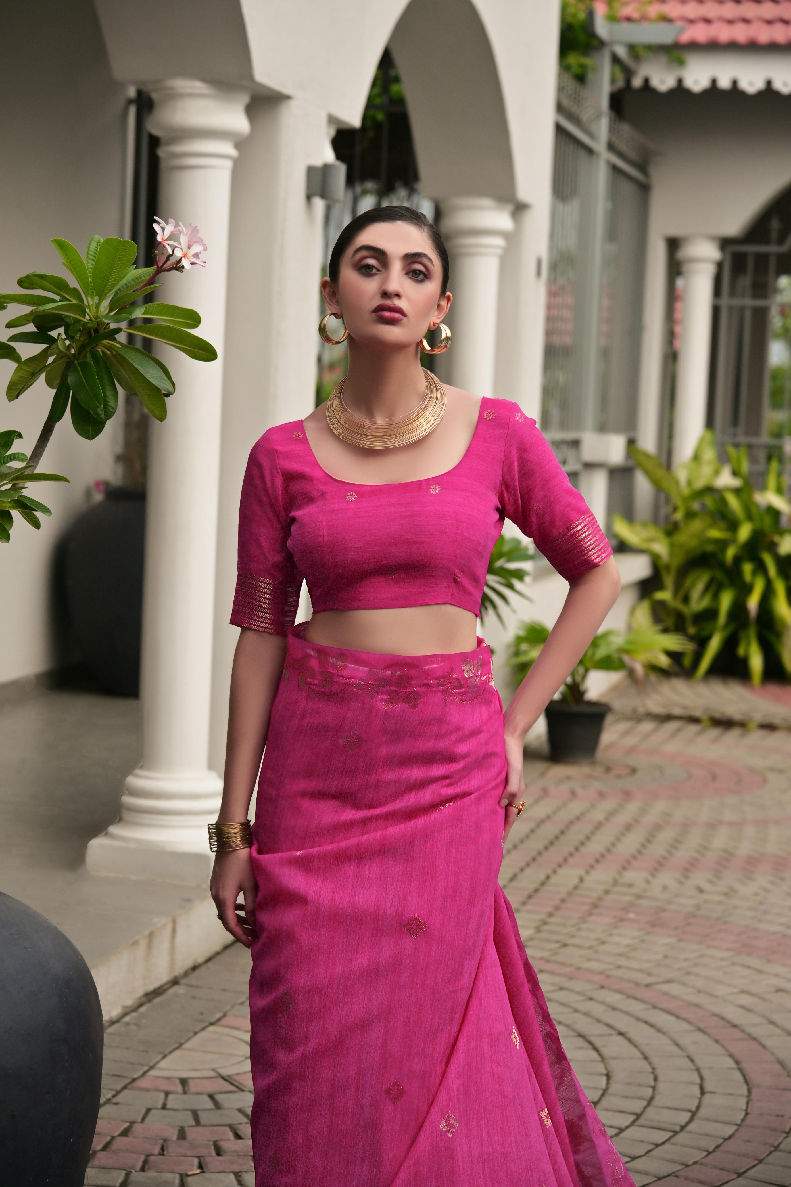 Jyoti Fashion Women's Pink Soft Jute Linen Silk Zari Woven Saree with Blouse - Dista