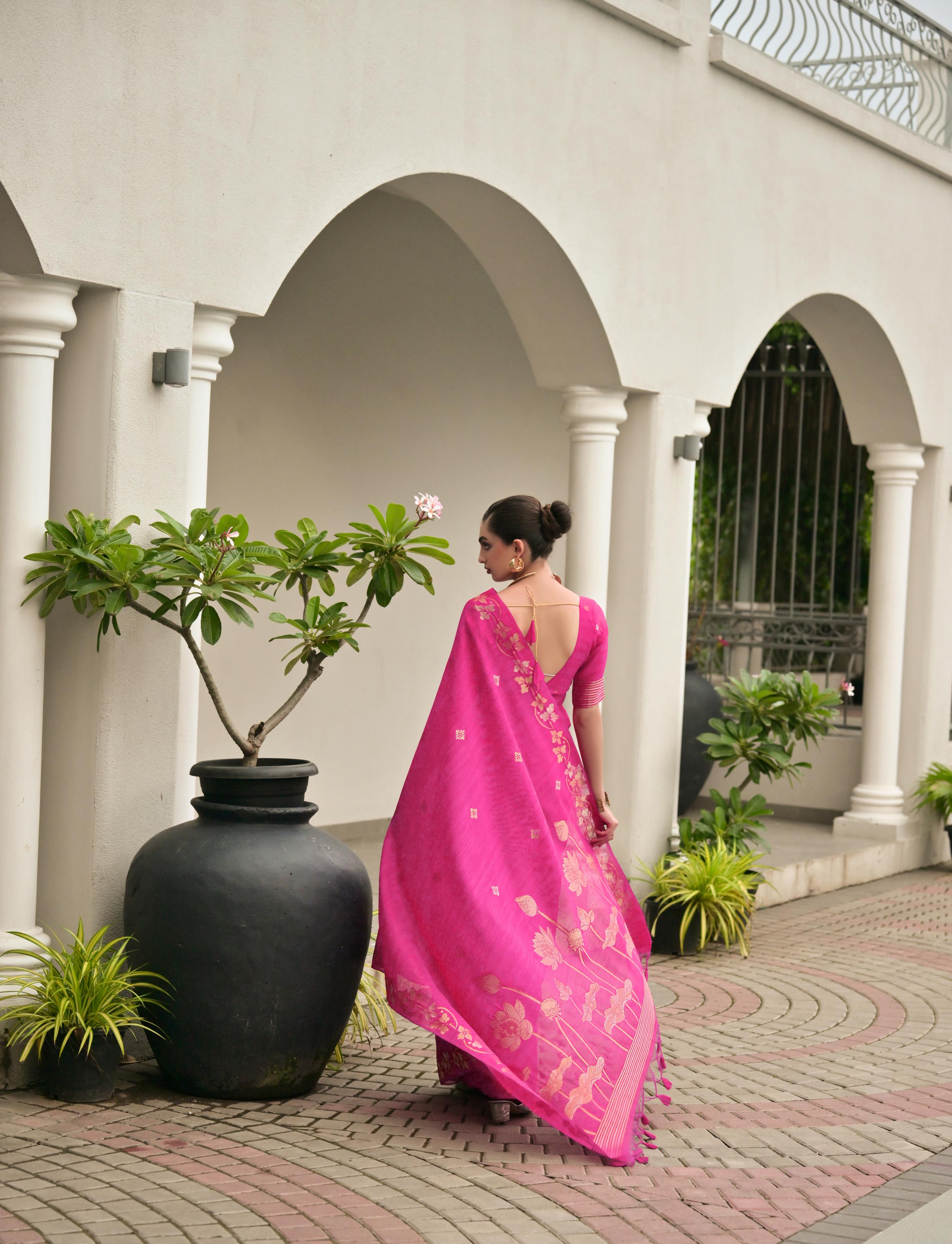Jyoti Fashion Women's Pink Soft Jute Linen Silk Zari Woven Saree with Blouse - Dista