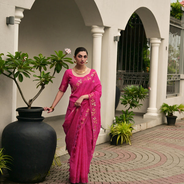Jyoti Fashion Women's Pink Soft Jute Linen Silk Zari Woven Saree with Blouse - Dista