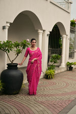 Thumbnail for Jyoti Fashion Women's Pink Soft Jute Linen Silk Zari Woven Saree with Blouse - Dista