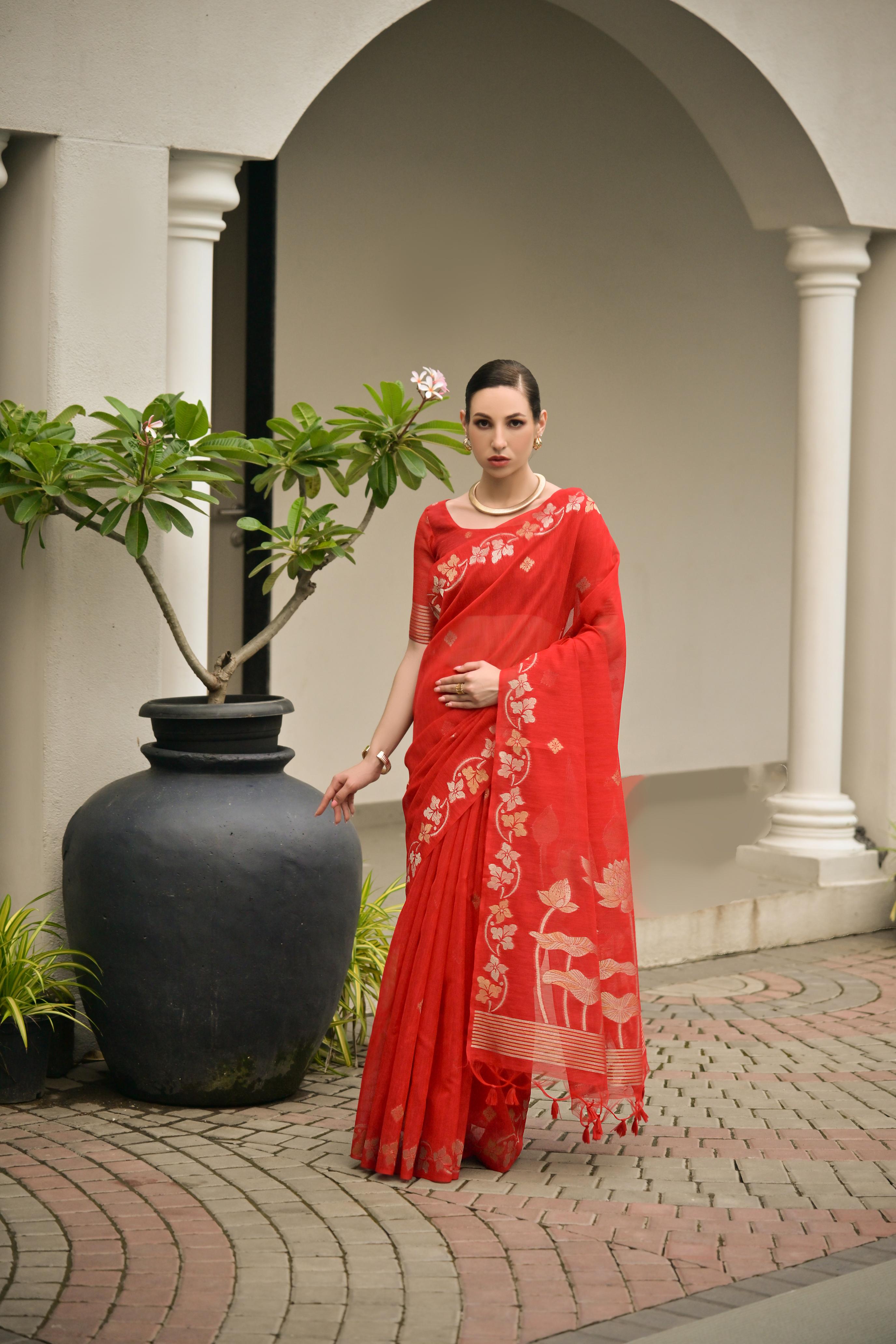 Jyoti Fashion Women's Red Soft Jute Linen Silk Zari Woven Saree with Blouse - Dista