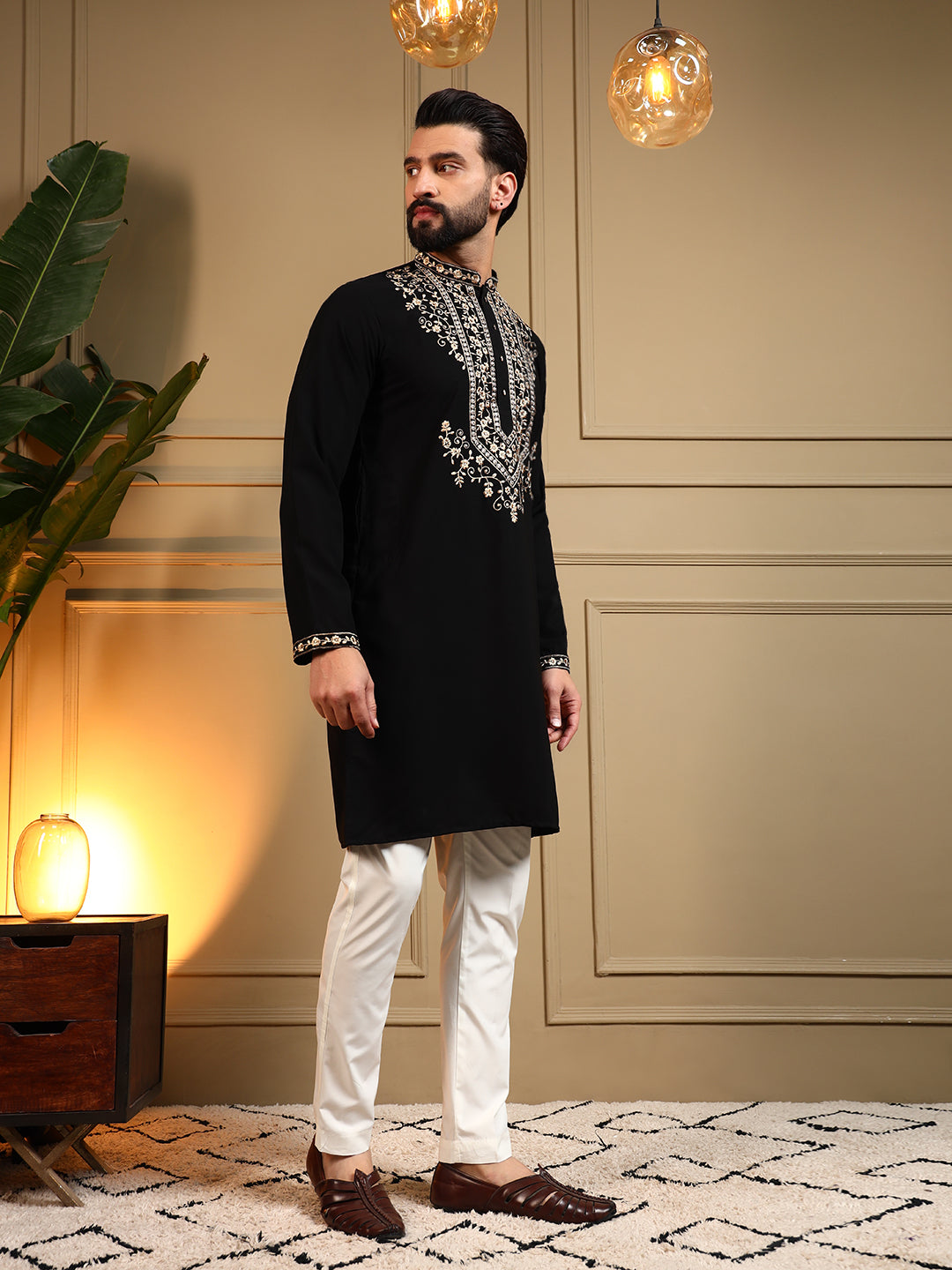 Jyoti Fashion Men's Black Armani Lachka Sequins Embroidered Kurta with Pajama - Distacart