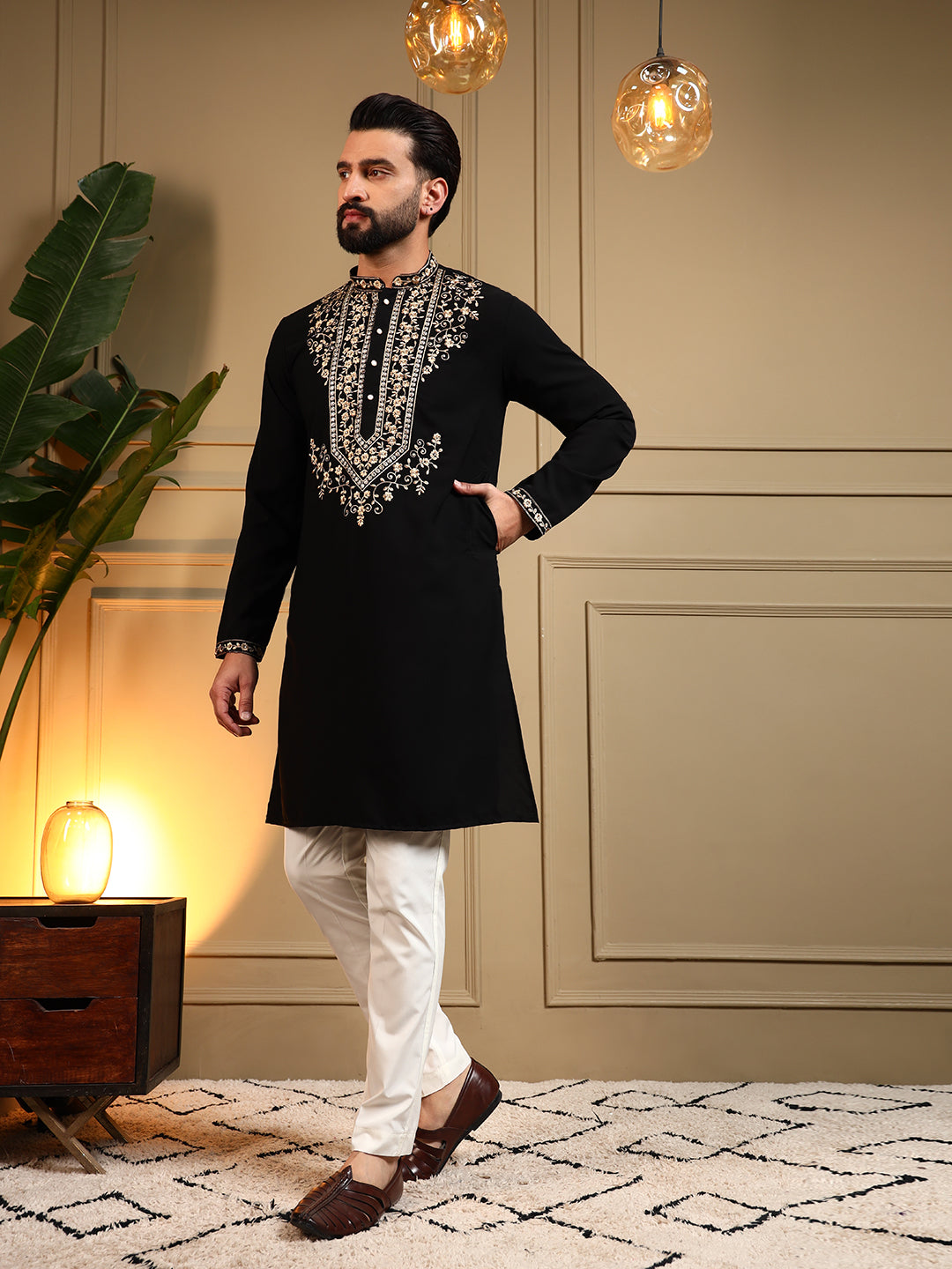 Jyoti Fashion Men's Black Armani Lachka Sequins Embroidered Kurta with Pajama - Distacart