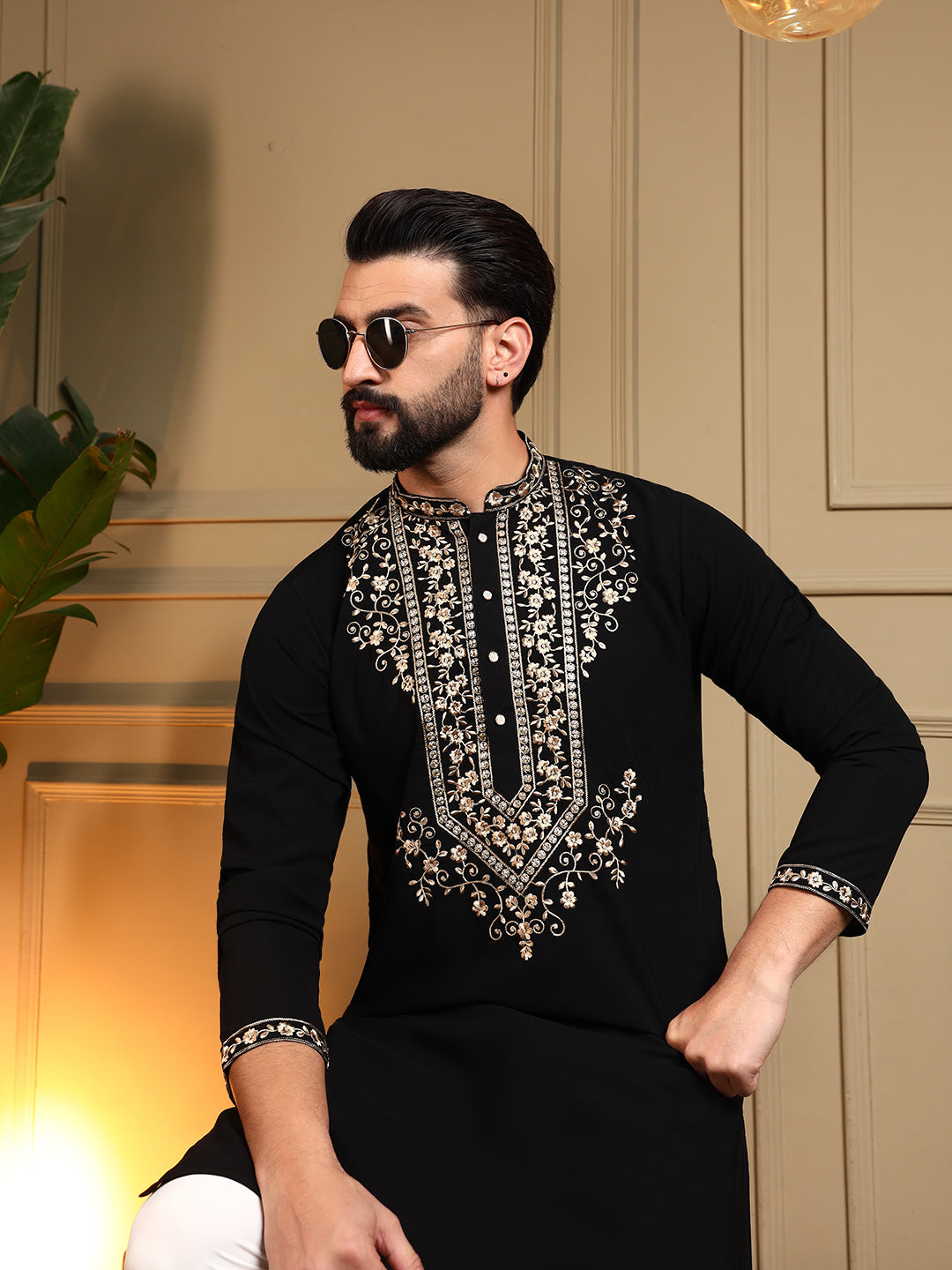 Jyoti Fashion Men's Black Armani Lachka Sequins Embroidered Kurta with Pajama - Distacart