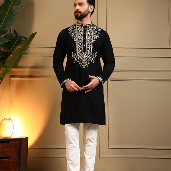 Jyoti Fashion Men's Black Armani Lachka Sequins Embroidered Kurta with Pajama - Distacart