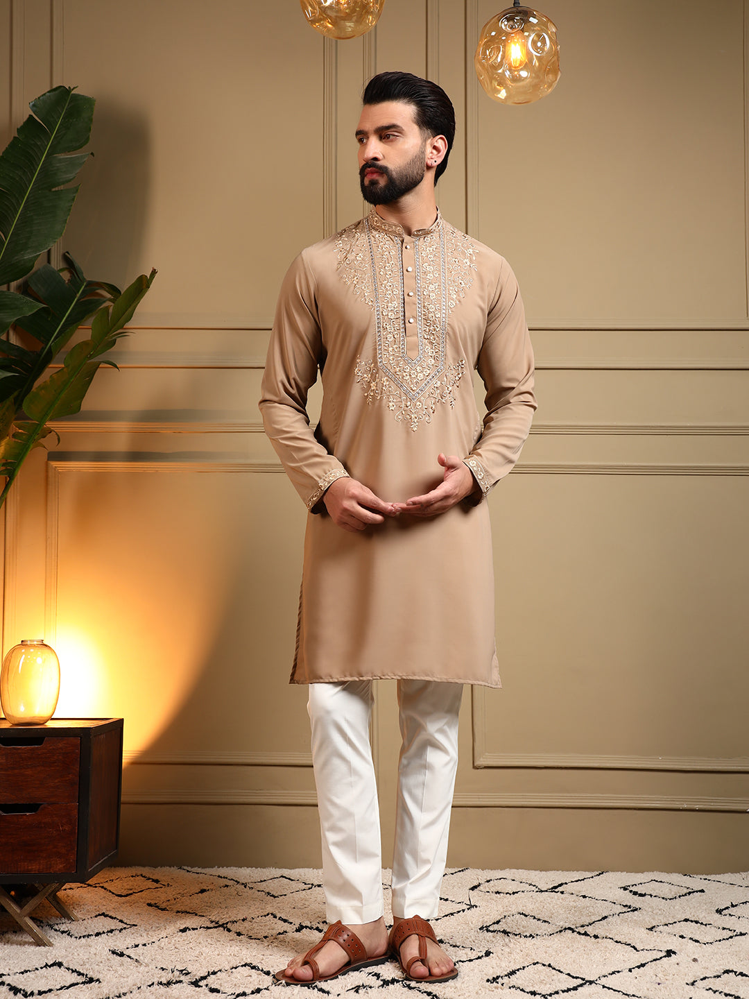 Jyoti Fashion Men's Beige Armani Lachka Sequins Embroidered Kurta with Pajama - Distacart