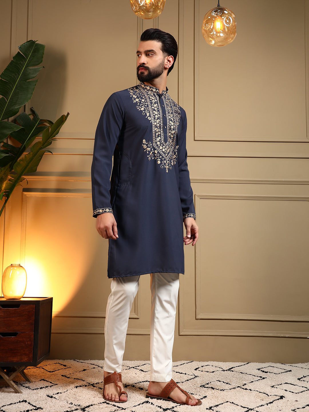 Jyoti Fashion Men's Navy Blue Armani Lachka Sequins Embroidered Kurta with Pajama - Distacart