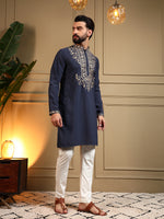 Thumbnail for Jyoti Fashion Men's Navy Blue Armani Lachka Sequins Embroidered Kurta with Pajama - Distacart
